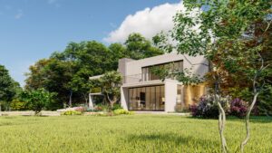 Big contemporary villa with pool, side view